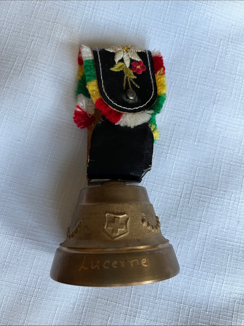 Vintage Swiss cow bell souvenir 
brass bell leather strap embroidered flower